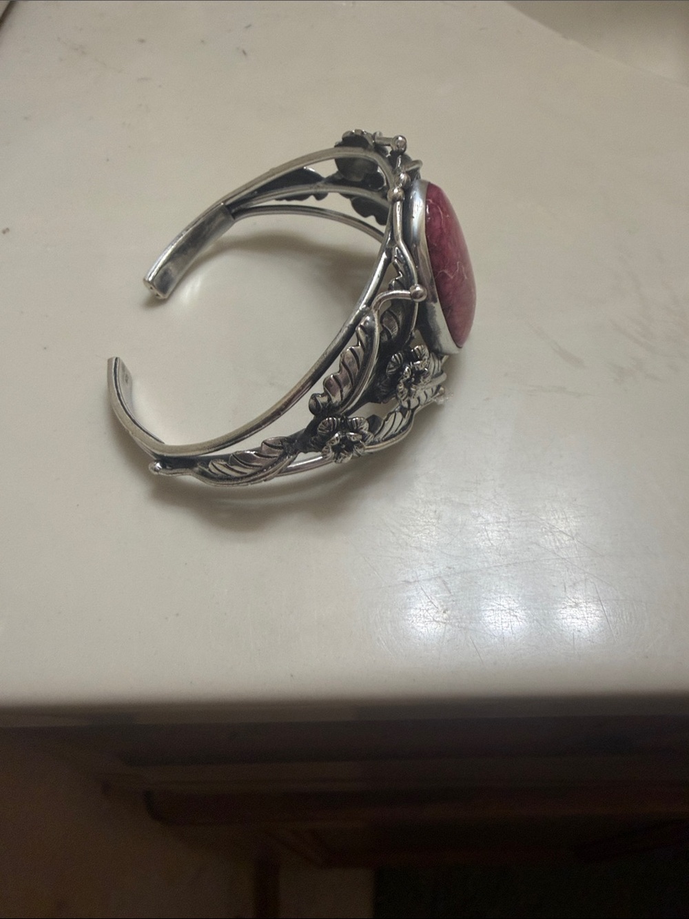 Silver tone Floral Cuff Bracelet with Pink Stone Costume Jewelry - Picture 4 of 5